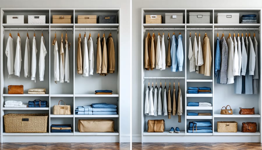 Side-by-side comparison of budget wire closet organization system and luxury custom closet installation