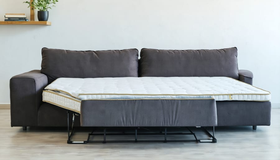 Step-by-step transformation of a contemporary sofa bed from seating to sleeping position