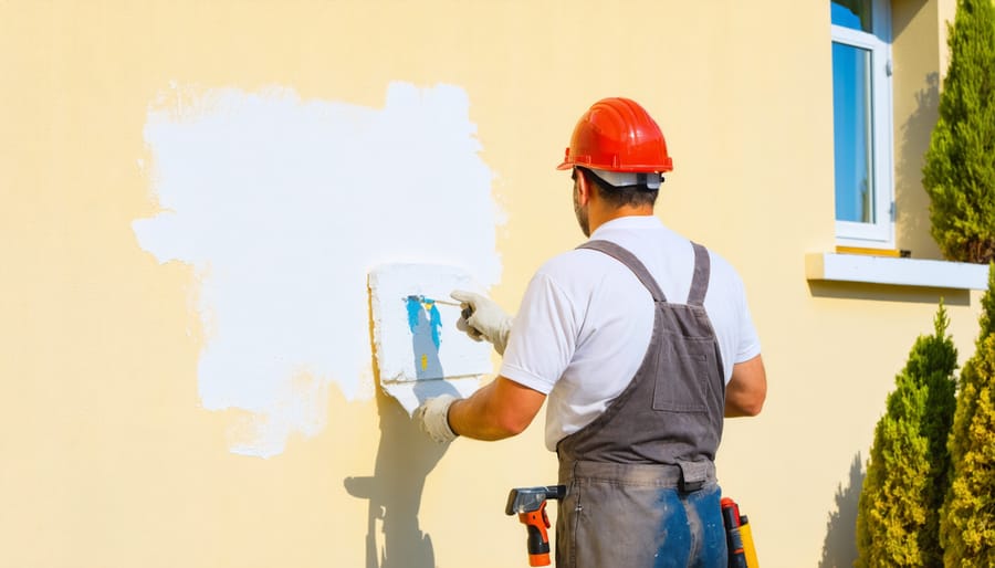 Close-up of paint roller application technique on exterior wall with cream paint