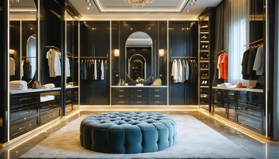Luxurious dressing room setup with seating and jewelry displays