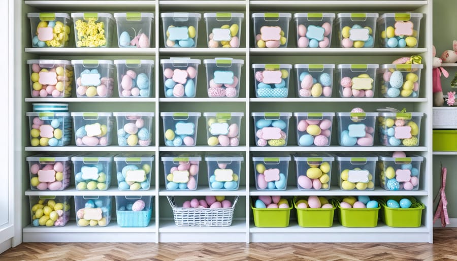 Properly stored Easter decorations in labeled storage containers