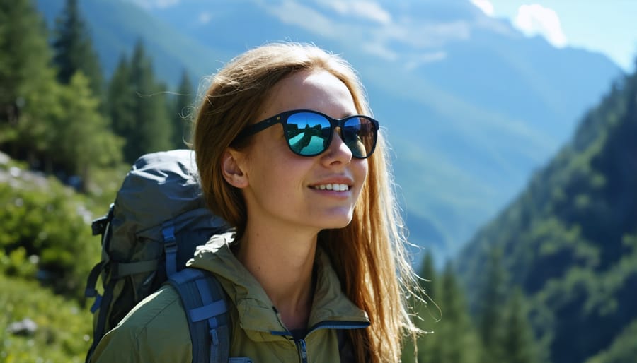 Hiker wearing sustainable sunglasses on a sunny mountain trail