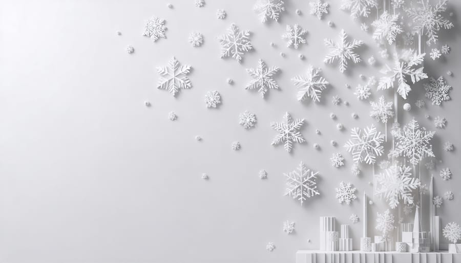 Professional display of handcrafted paper snowflakes decorating an office wall