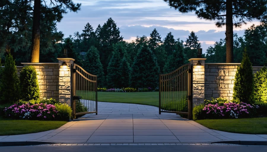 Garden path with solar lights, lanterns, and illuminated climbing plants creating a magical evening atmosphere