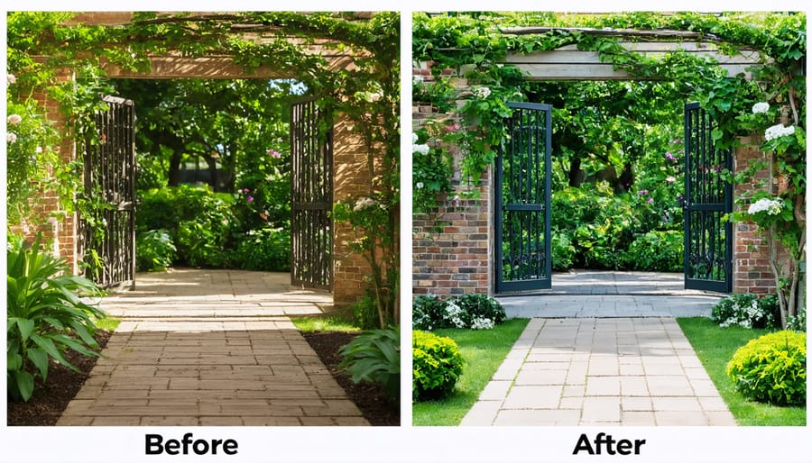 Split image showing plain garden path transformed into an inviting entrance with trellis and plants