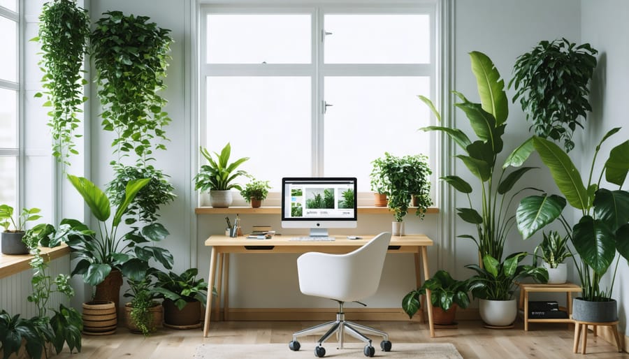 Sustainable home office setup during renovation with plants and eco-friendly noise reduction