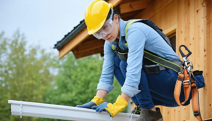 Properly equipped person demonstrating essential safety gear for gutter cleaning