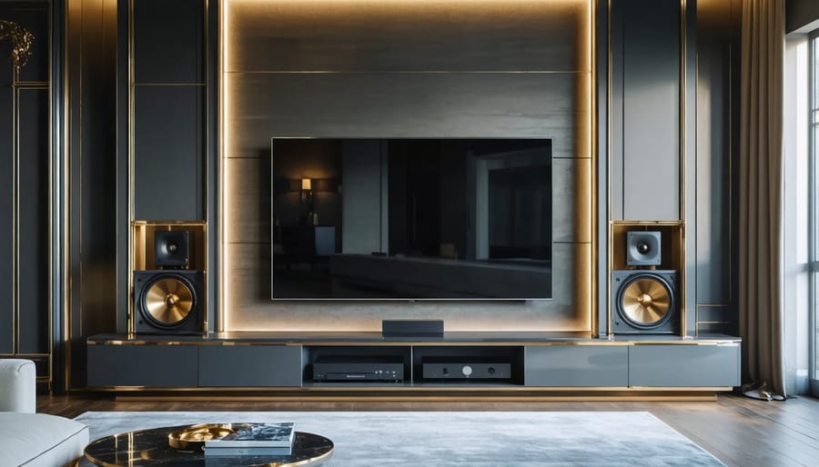 Motorized TV lifting from elegant console cabinet in high-end living room