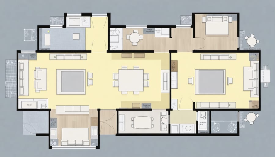 Home floor plan diagram highlighting different smart lighting zones and automation strategies