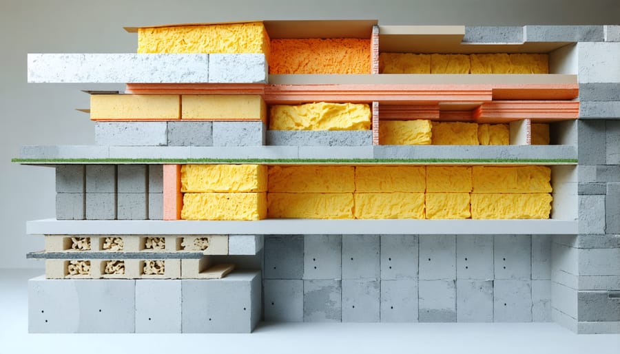 Detailed cross-section of wall insulation layers including thermal barriers and vapor barriers
