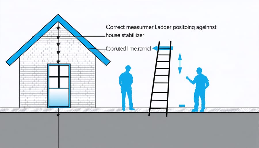 Illustrated guide showing safe ladder setup for gutter cleaning