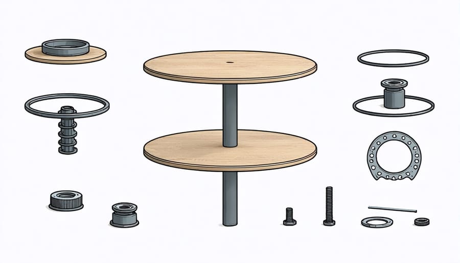 Technical diagram showing the individual components and assembly of a 3-tier lazy susan
