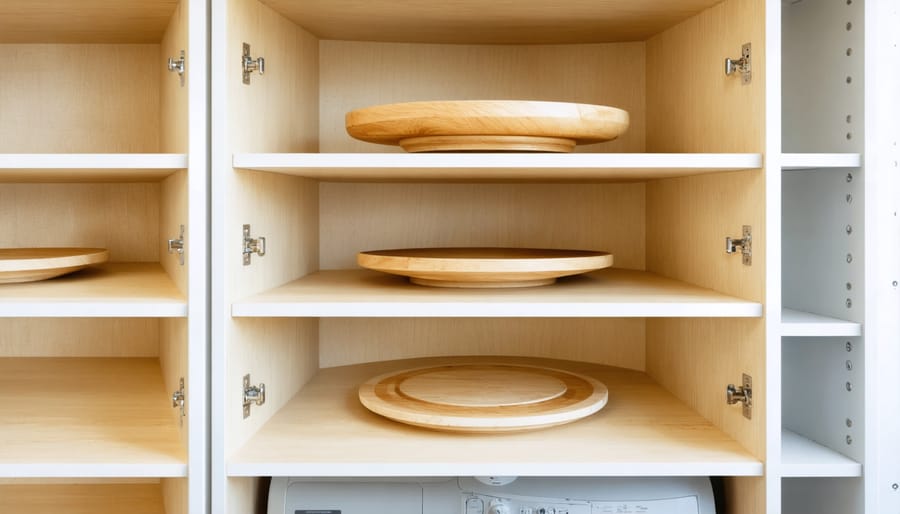 Installation sequence demonstrating how to mount a 3-tier lazy susan in a kitchen corner cabinet