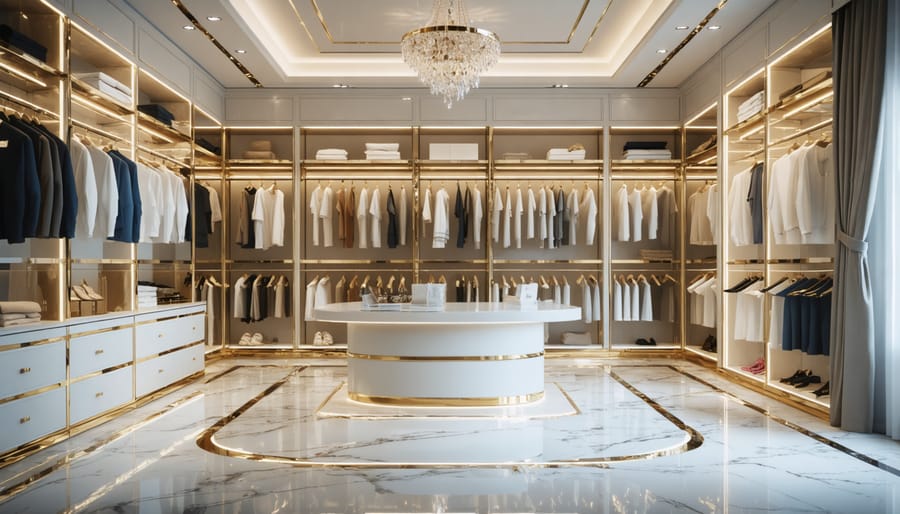 Modern luxury walk-in closet with multiple lighting features including LED strips and chandelier
