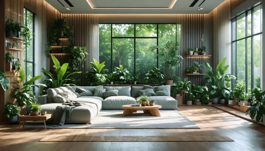 Contemporary living space demonstrating practical biophilic design principles