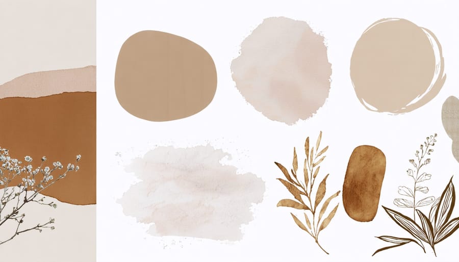 Modern bohemian interior design color palette with fabric swatches and texture samples