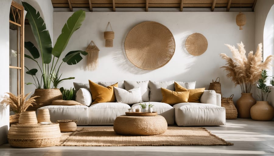 Modern bohemian living space with natural materials and contemporary furniture