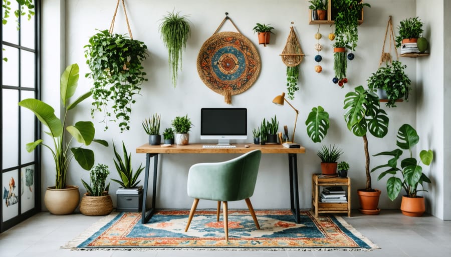 Contemporary home office space with bohemian accents and natural elements