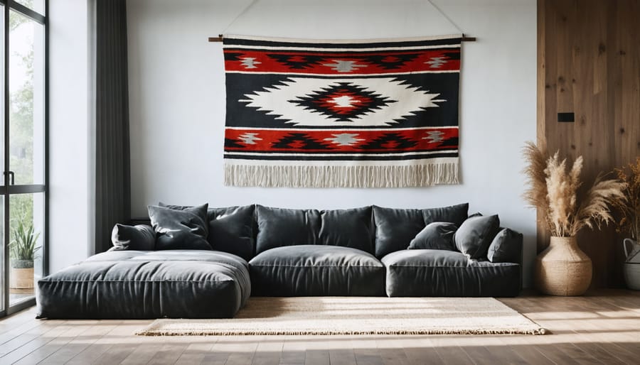 Contemporary living room with large geometric Navajo-style tapestry above white sofa