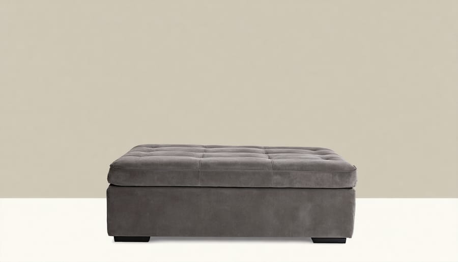 Multi-functional ottoman showing three different use cases: seating, storage compartment open, and serving as coffee table
