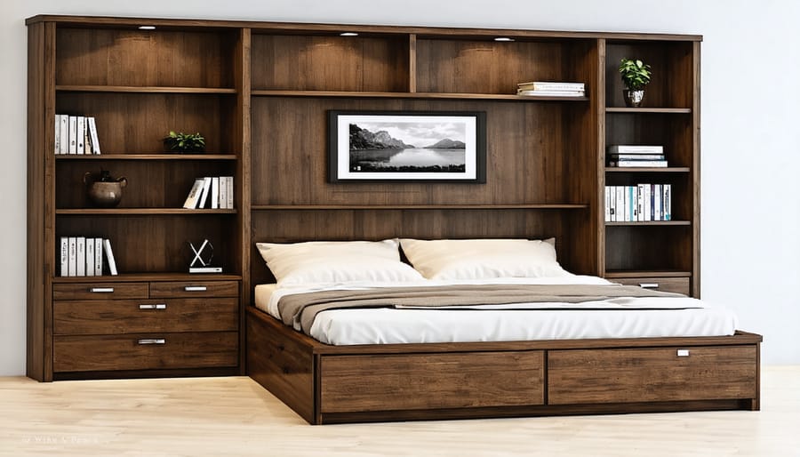 Murphy bed shown in both closed position with desk and open sleeping position