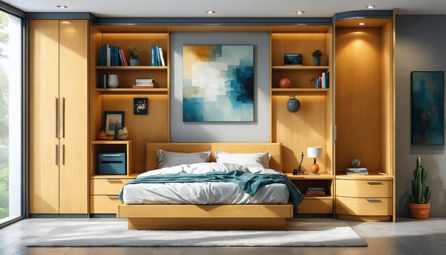 Murphy bed transitioning between sleeping and working positions, demonstrating space-saving functionality