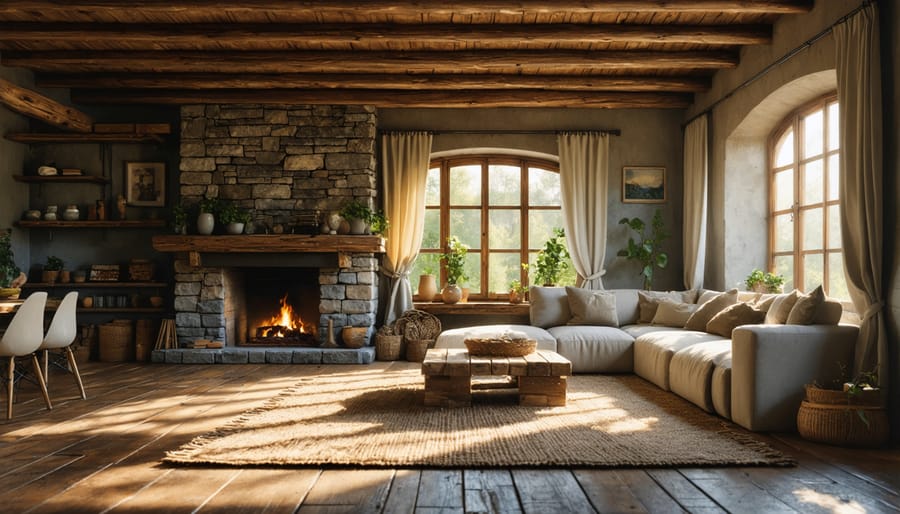 Modern living room with natural wood and stone elements showcasing nature-inspired interior design