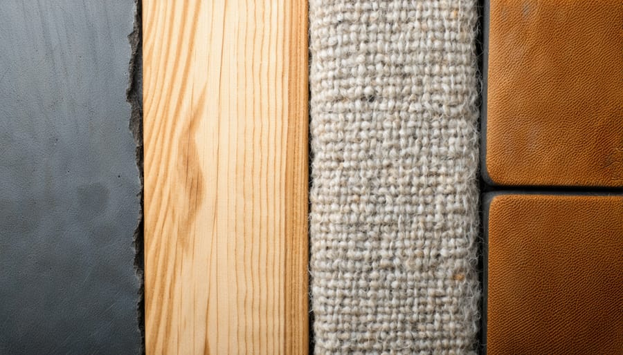 Grid layout showing close-up details of wood grain, rough stone, woven wool, and aged leather textures