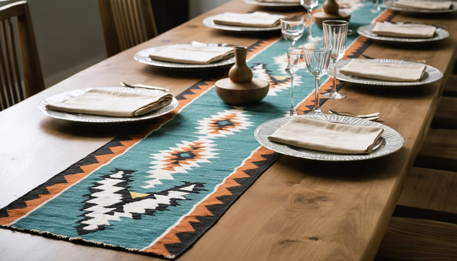 Elegant dining table featuring woven Navajo-pattern table runner and coordinating placemats