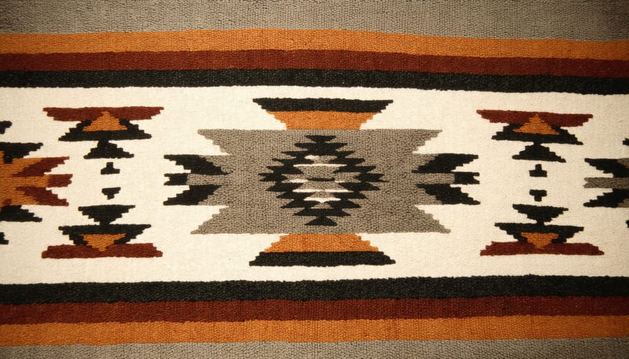 Detailed view of geometric Navajo patterns showing sacred symbols in red, brown, and black