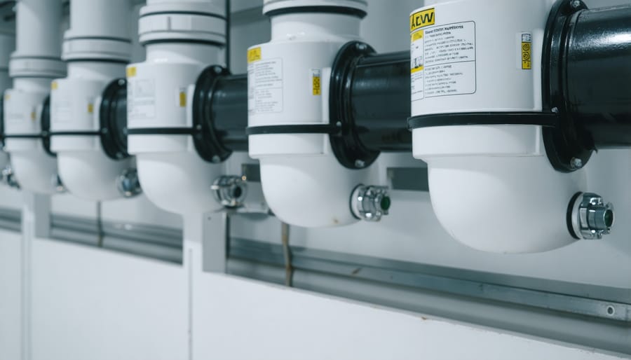 Detailed view of plumbing connections and nutrient delivery system components