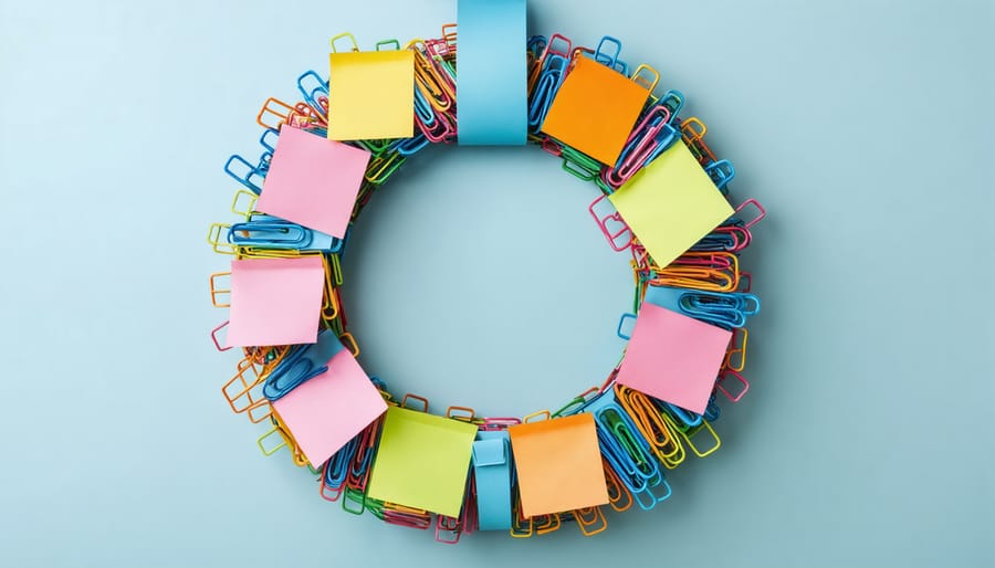 DIY office supply wreath showing innovative use of workplace materials