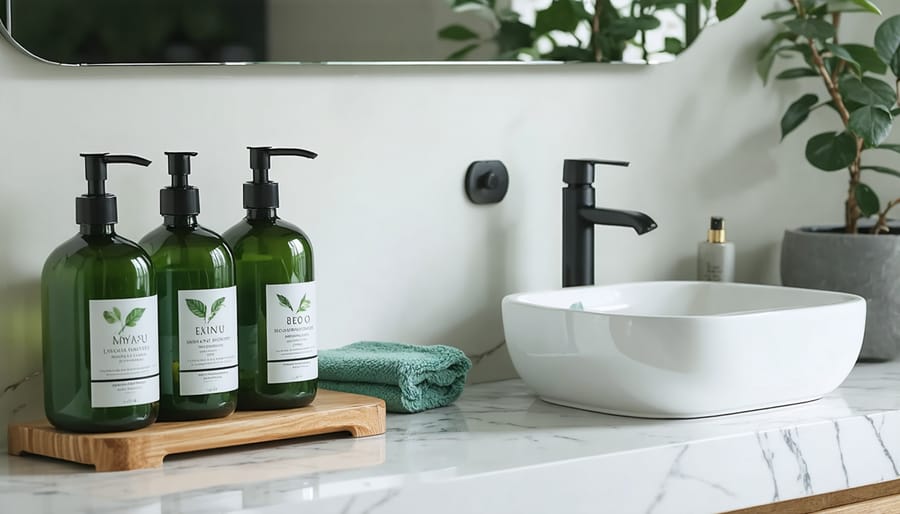 Well-organized bathroom setup with eco-friendly containers for toiletries and beauty products