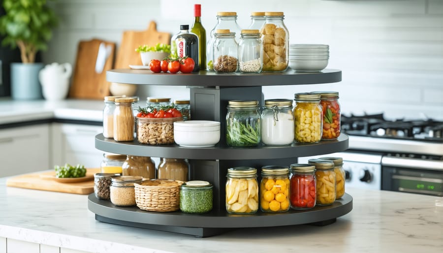Properly organized 3-tier lazy susan with items strategically placed for balance and accessibility