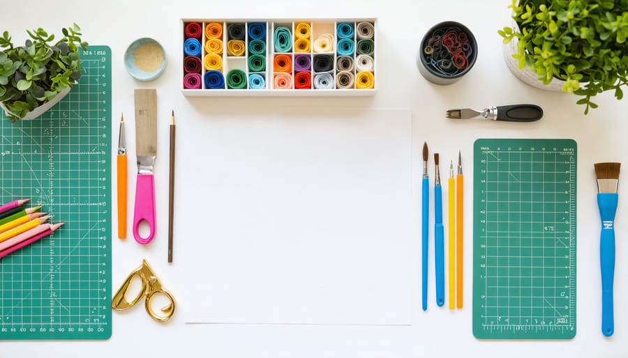 Flatlay of paper art supplies including scissors, cutting mat, quilling tools, and specialty papers