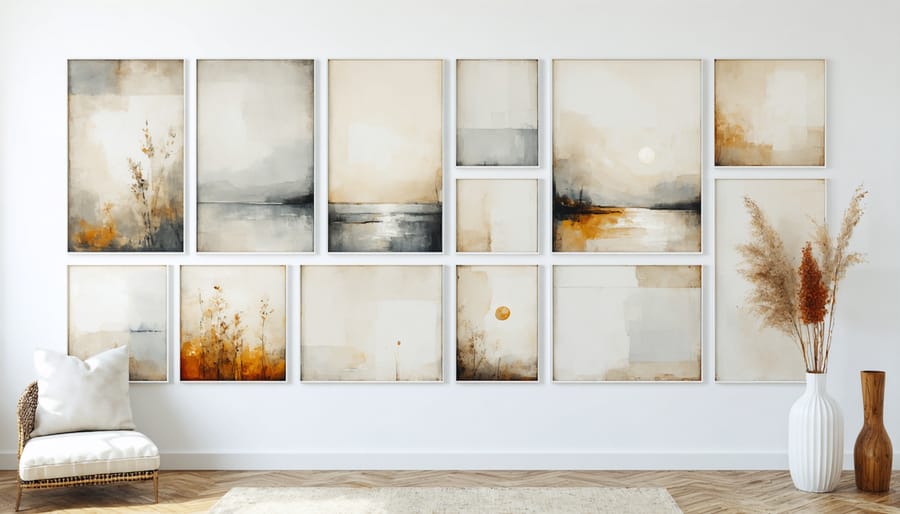 Curated wall display of different paper art pieces in complementary frames