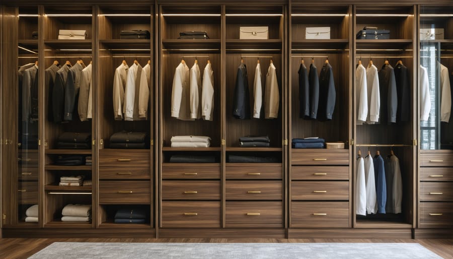 High-end closet materials featuring exotic wood finishes and metallic accents