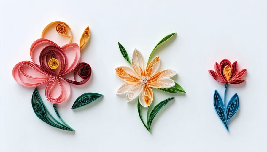 Progressive steps showing paper quilling technique from basic coil to completed flower design