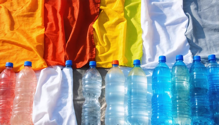 Display of colorful sustainable fabrics made from recycled plastic materials