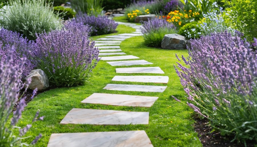 Curved stone pathway bordered by flowering lavender and swaying ornamental grasses