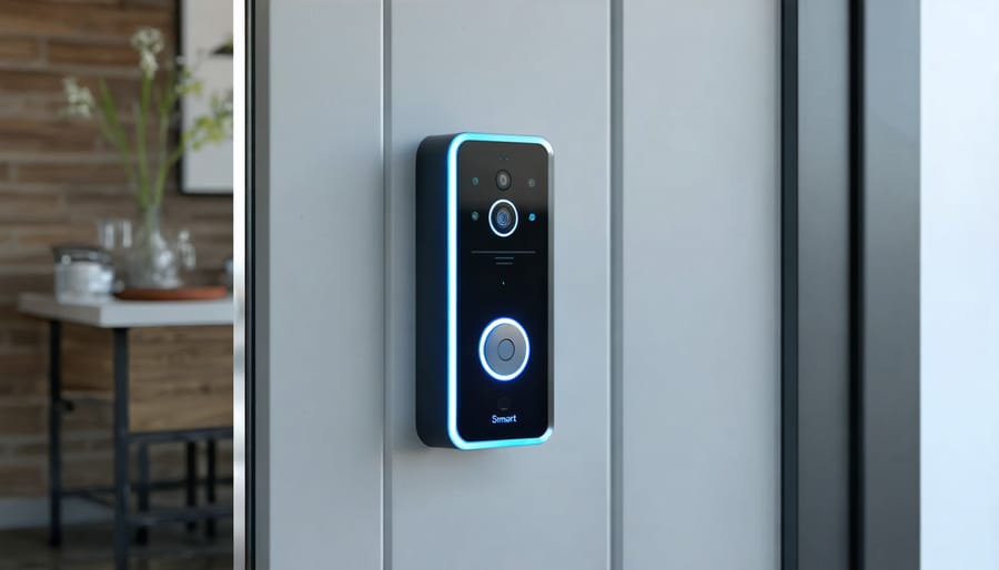 Energy-efficient smart doorbell and lock system installed on a front door