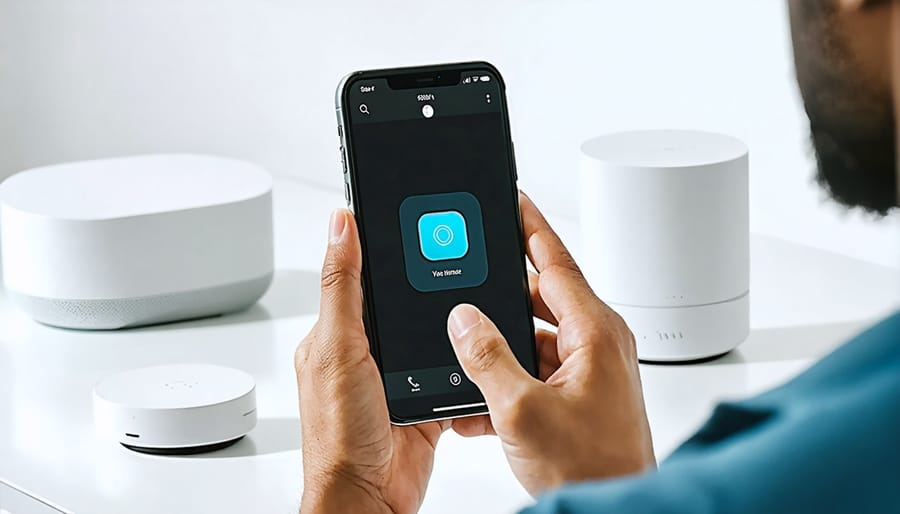 User demonstrating smart home control through mobile application interface