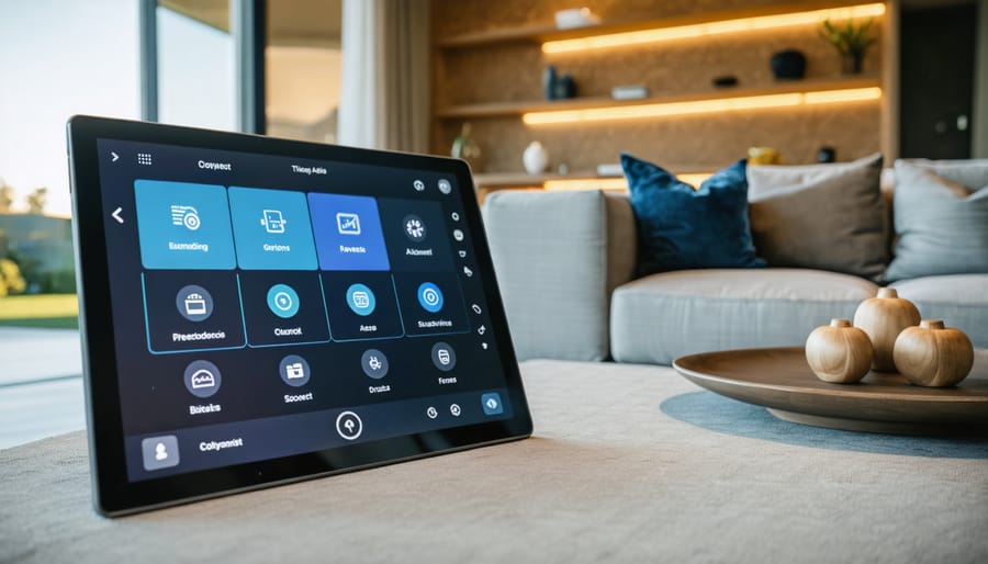 Wall-mounted tablet displaying smart home controls in elegant living space