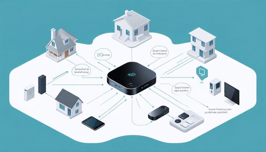 Infographic showing various smart home devices connected to a central hub system