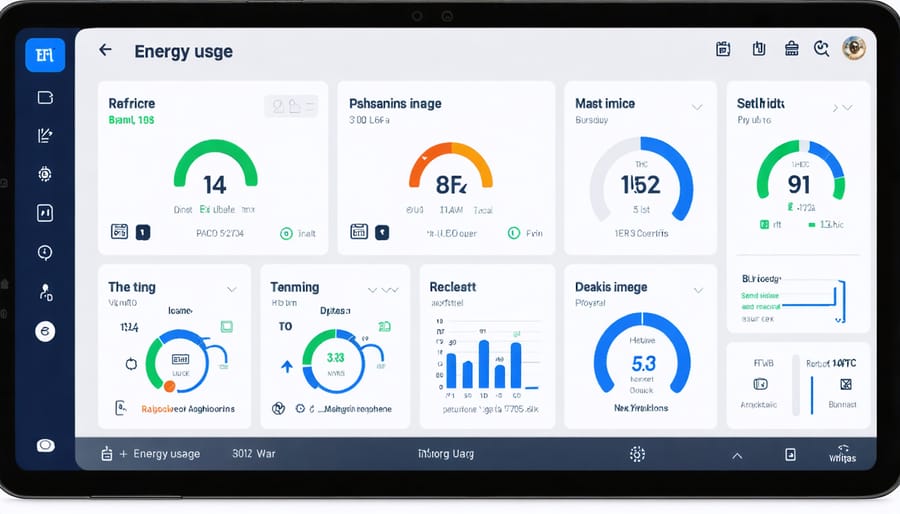 Digital interface of a smart home system displaying temperature controls and energy consumption metrics