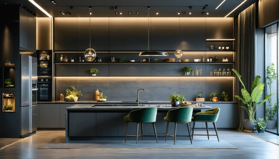 Modern kitchen demonstrating multiple automated lighting scenarios