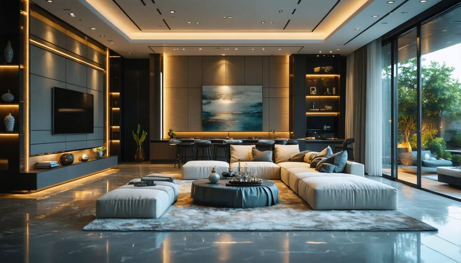 Modern luxury living room with smart LED lighting system displaying warm ambient colors