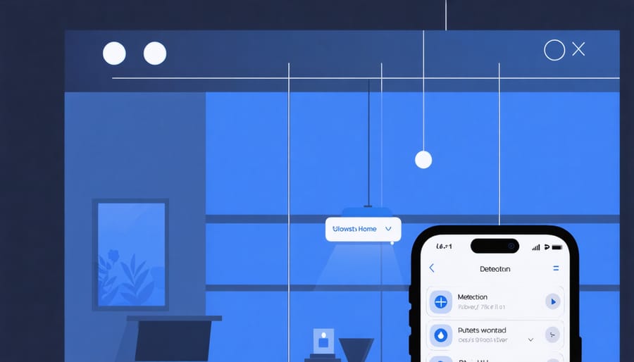 Smartphone app interface demonstrating smart lighting controls and automation features
