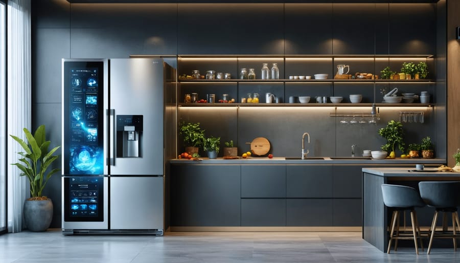 High-end smart refrigerator with touchscreen display in a contemporary luxury kitchen