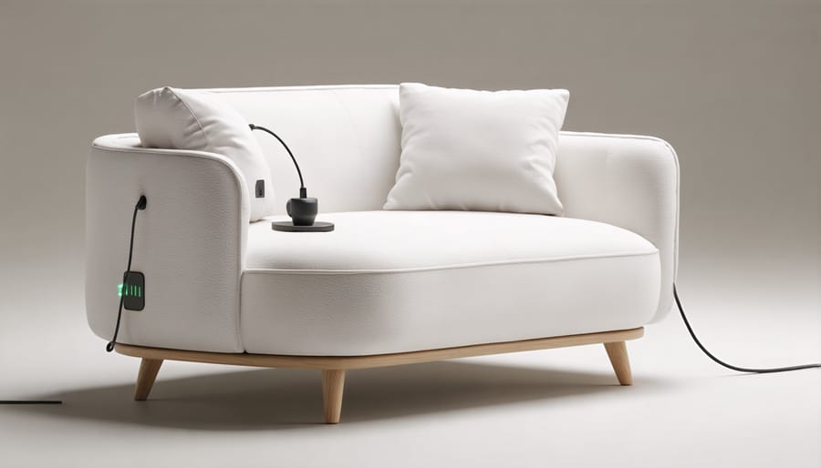Contemporary sofa with built-in charging stations and smart connectivity features